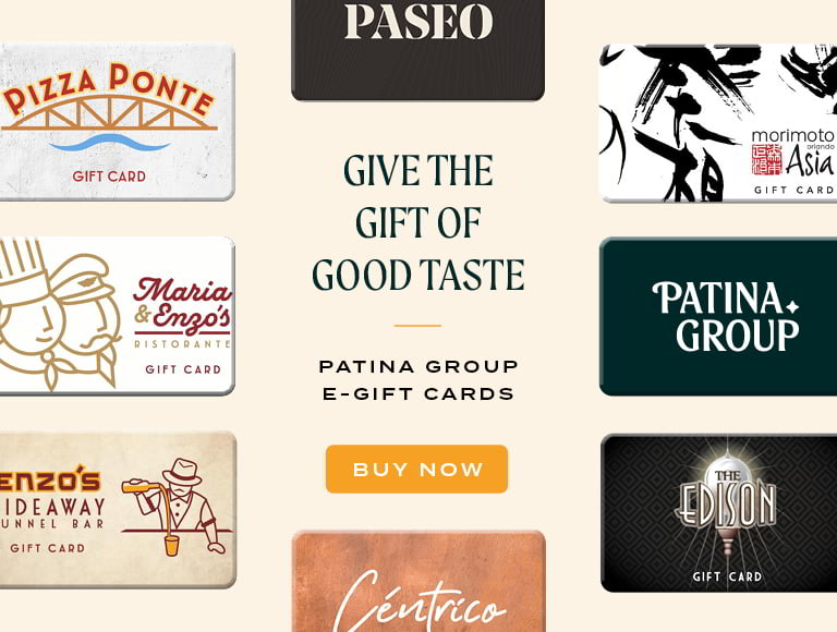 Patina Group e-gift cards promotion with a ‘Buy Now’ call to action.